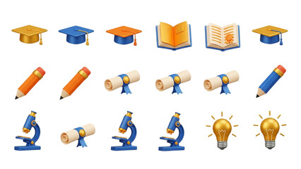 Collection of colorful academic icons including graduation caps books and science tools isolated on transparent background