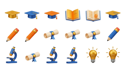 Collection of colorful academic icons including graduation caps books and science tools isolated on transparent background