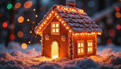 Charming gingerbread house glowing in snow, festive winter cheer