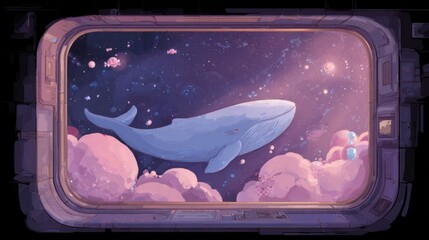 Whale Viewing Through Space Window in Pink Clouds Surrounded by Stars