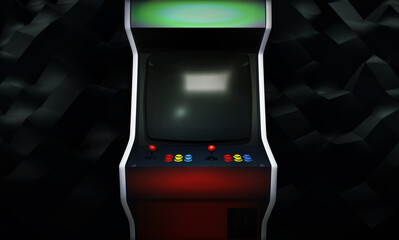 Arcade game machine, front view graphics background. 3D rendering template with empty screen for . commercial compositions