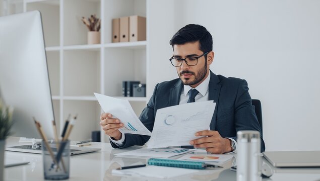 Focused young executive intently analyzing detailed financial reports and performance charts at his modern white desk