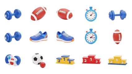 Colorful sports equipment icon set including dumbbells footballs sneakers and stopwatches isolated on transparent background