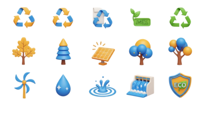 Colorful 3d environmental icons set featuring recycling trees water and energy isolated on transparent background