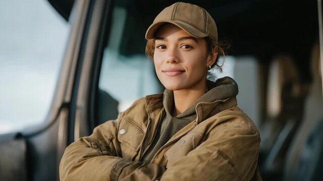 Female truck driver confidently reversing her semi-truck into a narrow loading dock &mdash; a bold, empowering image promoting gender diversity in the transportation sector and representing skill,