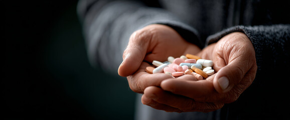 Close-up of elderly hands holding a variety of colorful pills and tablets in cupped palms against dark background