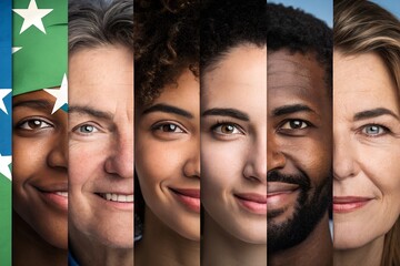 Portraying a mosaic of humanity, this impactful image celebrates the beauty of diversity through a collage of radiant faces from varied backgrounds, symbolizing unity and interconnectedness.