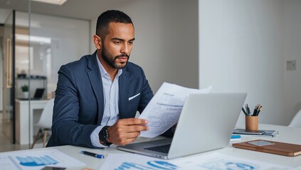 Focused professional diligently reviews important paperwork alongside a modern laptop in a bright contemporary office setting