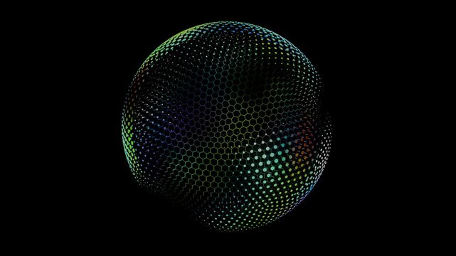 Detailed glowing LED sphere with bright colorful hexagon pattern and smooth morph and spin animation. Futuristic digital ball with multicolored neon light on a black background. Seamless loop 4K 60fps