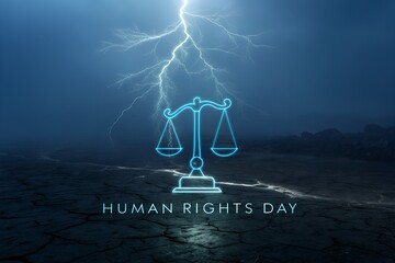 A conceptual image symbolizing Human Rights Day. The composition features a scale of justice illuminated by lightning, set against a dark, dramatic sky.