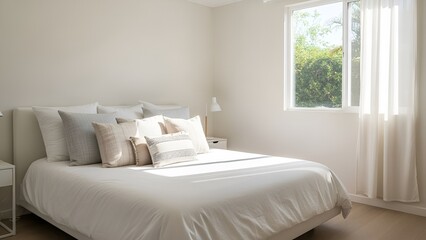 house interior beautiful design concept with sofe cozy pillow on white clean bed in bedroom with window sun light