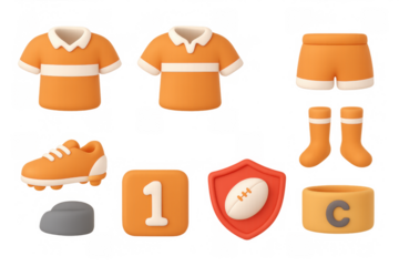 Rugby icon collection with jerseys, ball, and gear for design projects