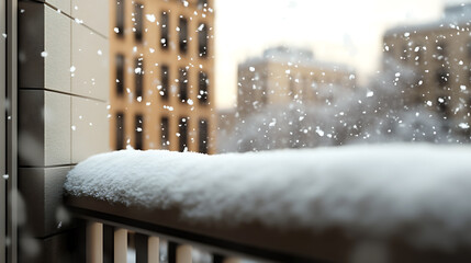Obraz premium Snowy city view from a balcony on a winter day. Snowflakes fall gently, blanketing the urban landscape in white, creating a peaceful, wintry scene.