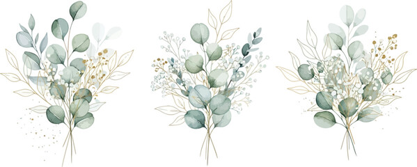 Elegant Watercolor Eucalyptus Greenery Bouquets with Gold Accents on White Background