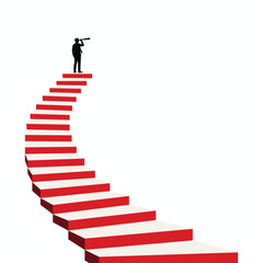 A minimalist vector illustration of a businessman standing at the peak of a staircase using a telescope. He is looking for new goals, symbolizing career success, leadership, strategic vision، PNG