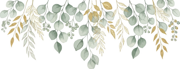 Watercolor eucalyptus and botanical branches with sage green leaves and golden foliage