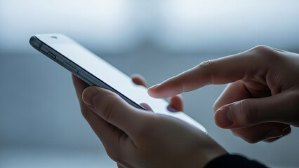 Close up of hands typing on smartphone in dark environment with soft light reflection.