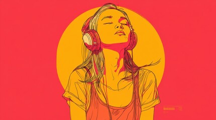 Young Woman Listening to Music Wearing Headphones in Bright Red and Yellow Background