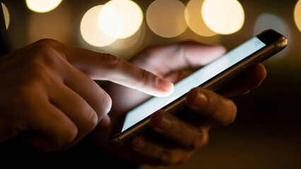 Hands holding smartphone displaying navigation map app with warm urban night bokeh background