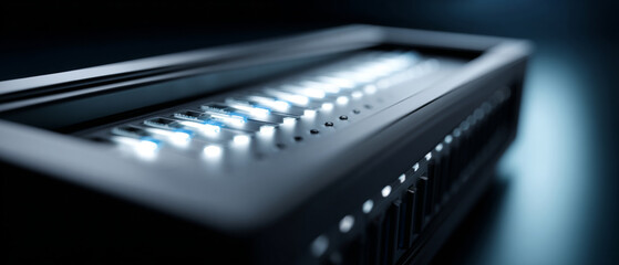 Close-up of a modern audio equalizer with illuminated sliders and knobs in a dark environment showing detailed control panel