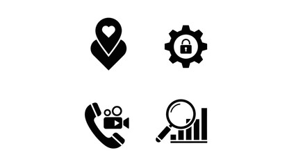 Set of icons: location, security, communication, and data analysis on a white background.