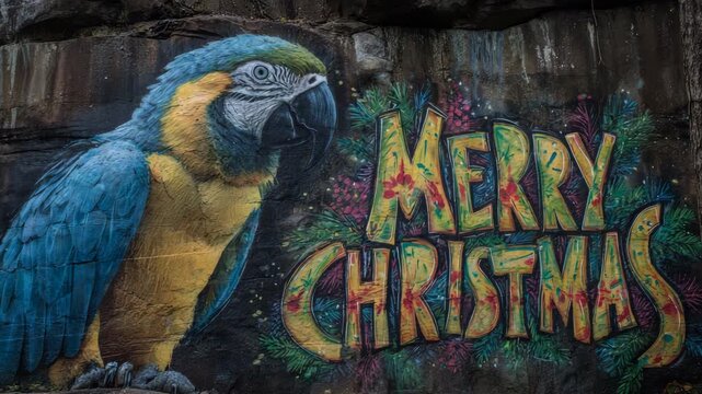 Holiday Parrot Art: A vivid and festive display, featuring a vibrant parrot gracing a wall with the cheerful message MERRY CHRISTMAS, creating a scene full of holiday spirit.