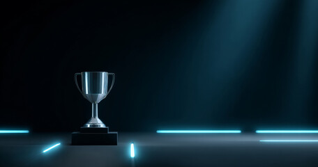 Silver trophy cup illuminated by blue neon lights on dark stage with spotlight highlighting achievement and success