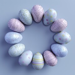 Decorated Easter eggs arranged in a circular pattern on a light blue background