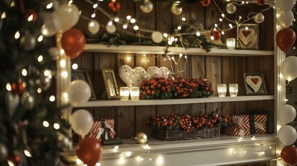 Cozy holiday display with shelves adorned with red berries, candles, heart decorations, and string lights.
