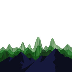 Fototapeta premium Abstract mountain range with green wavy hills and dark blue peaks against a white background, minimalist design