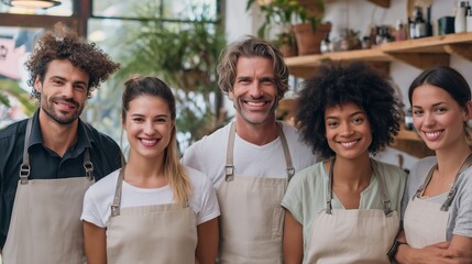 Team of five smiling employees in a cafe preparing for a busy day ahead