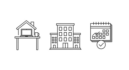 Workplace icons: Home office, corporate building, and task management calendar symbols in line art.