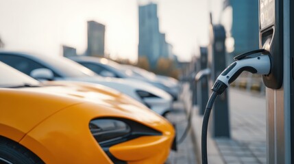Electric vehicle charging station with multiple modern cars and urban skyline in the background at sunrise creating a futuristic atmosphere for travel