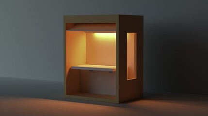 Minimalist wooden cabinet with internal lighting and shelf, set in a dimly lit environment