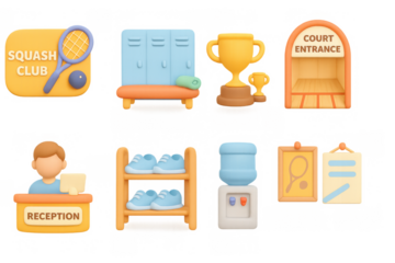 Squash club icons set featuring equipment, trophies, and facilities for sport enthusiasts