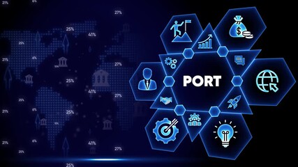 PORT concept infographic with icons representing business strategy and global reach on a dark background - Powered by Adobe