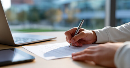 Close-up of person signing document with pen at desk near laptop and smartphone in bright environment