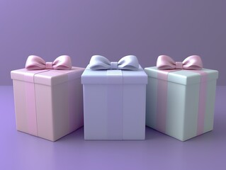 Three pastel-colored gift boxes with bows arranged in a row on a purple background