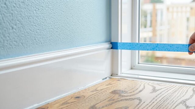 close up of a hand peeling off blue painters tape from white wall trim after finishing a clean edge painting job