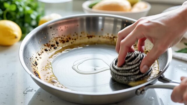 close up of a hand cleaning a burnt stainless steel pan using a metal scrub sponge to remove tough residue in the kitchen