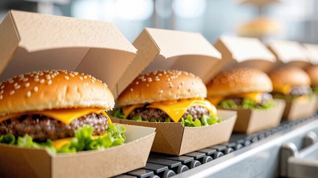 close up of freshly prepared cheeseburgers placed in open cardboard takeaway boxes lined up on a conveyor in a fast food setting