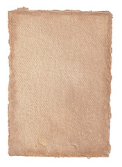 Single page deckled light brown stained paper with dark edges. Isolated PNG file with transparent background. Hand stained parchment paper with space for graphics or text. High resolution. 