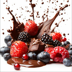 chocolate sauce splashing with mixed berries