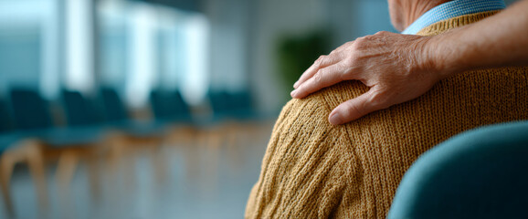 Close-up of comforting hand on elderly person's shoulder in empty waiting room with blurred chairs and soft natural light