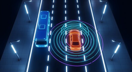 Self driving car on futuristic highway with autonomous vehicle technology and sensor detection