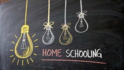 a chalkboard drawing showcases four hanging lightbulbs with glowing filaments and beneath them the words home schooling are written high-quality professional