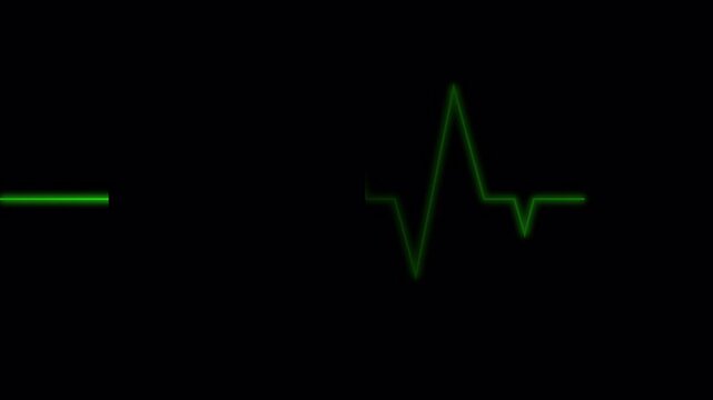 Green medical heartbeat waveform on a dark screen, showing the critical shift from a flatline to a pulsating cardiac rhythm, representing vital signs and health monitoring