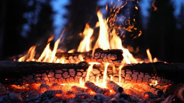 Burning Campfire with Flames and Glowing Embers at Night