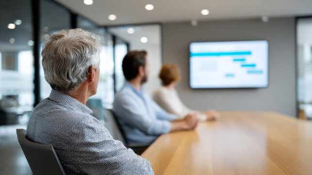 Group of diverse business professionals attending a presentation in a modern conference room with digital screen and wooden table - Powered by Adobe