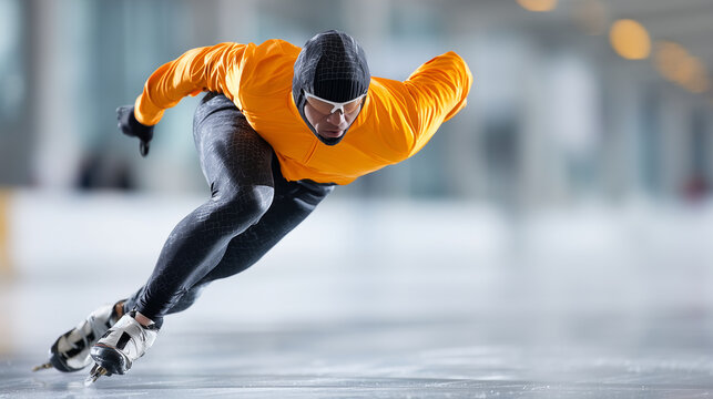 Full-body shot male, speed skater slicing, across ice intense, focus indoor race, winter sport velocity, technique balance power, elite competition display, faceless skater racing,